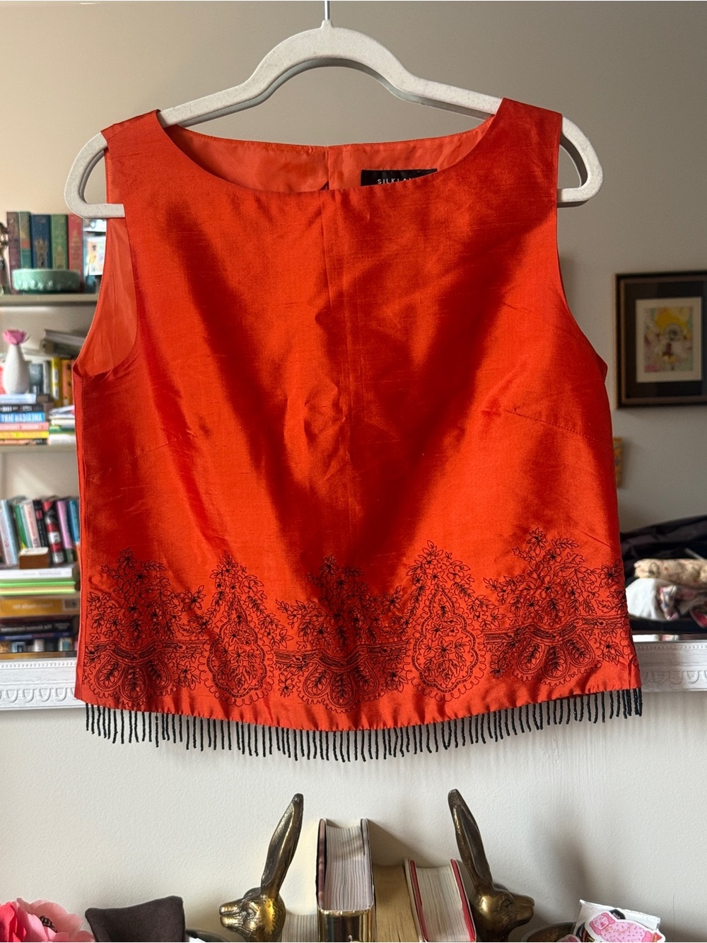 SilkLand Orange Sleeveless Embroidered Fringe Camisole
